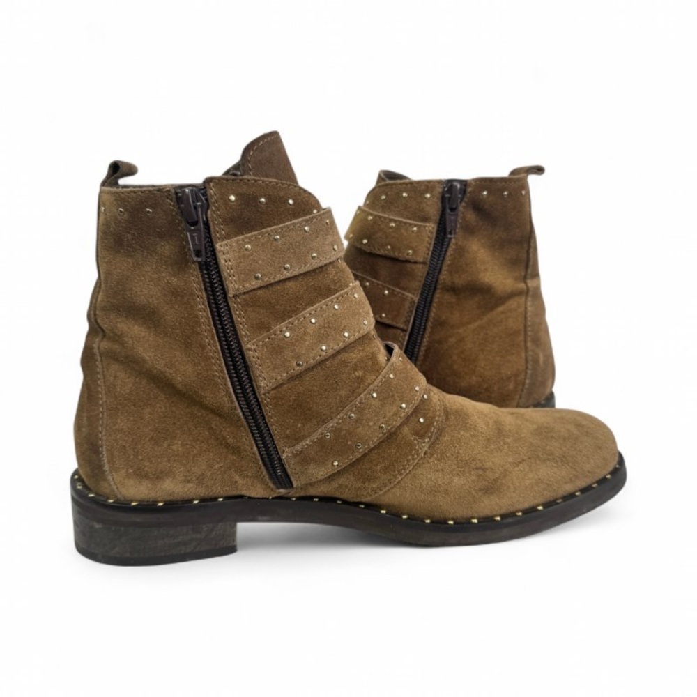 Minelli Brown Suede Studded Ankle Boots Buckle Moto EU 38 - Picture 7 of 13